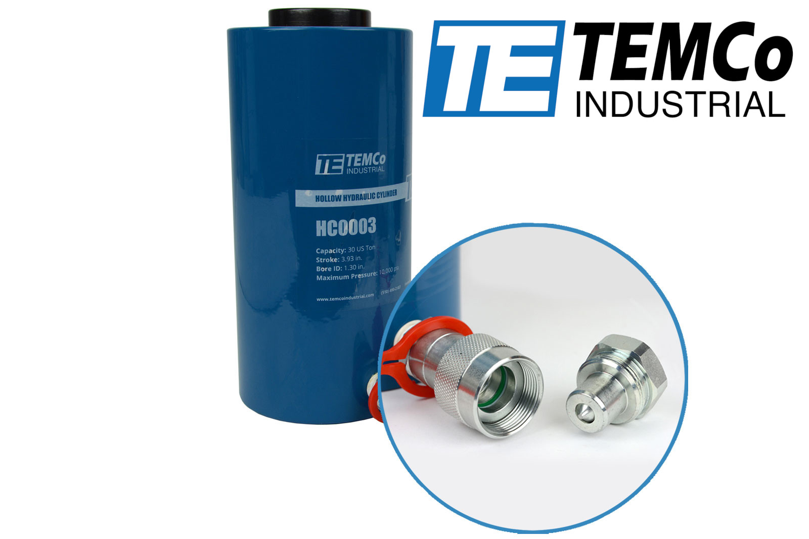 TEMCo Hollow Hydraulic Cylinder Ram 30 TON 4 In Stroke 5 YEAR Warranty