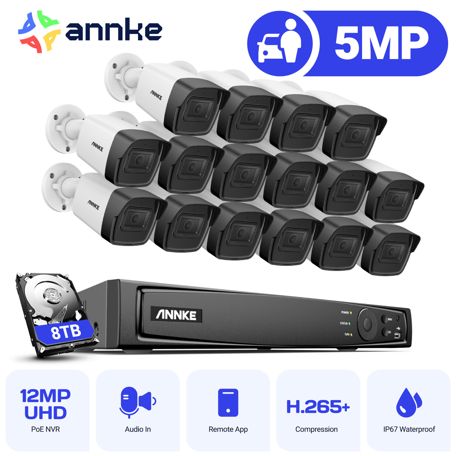 ANNKE 16CH 12MP NVR 3K 5MP POE AI Security Camera System Audio Recording H.265+