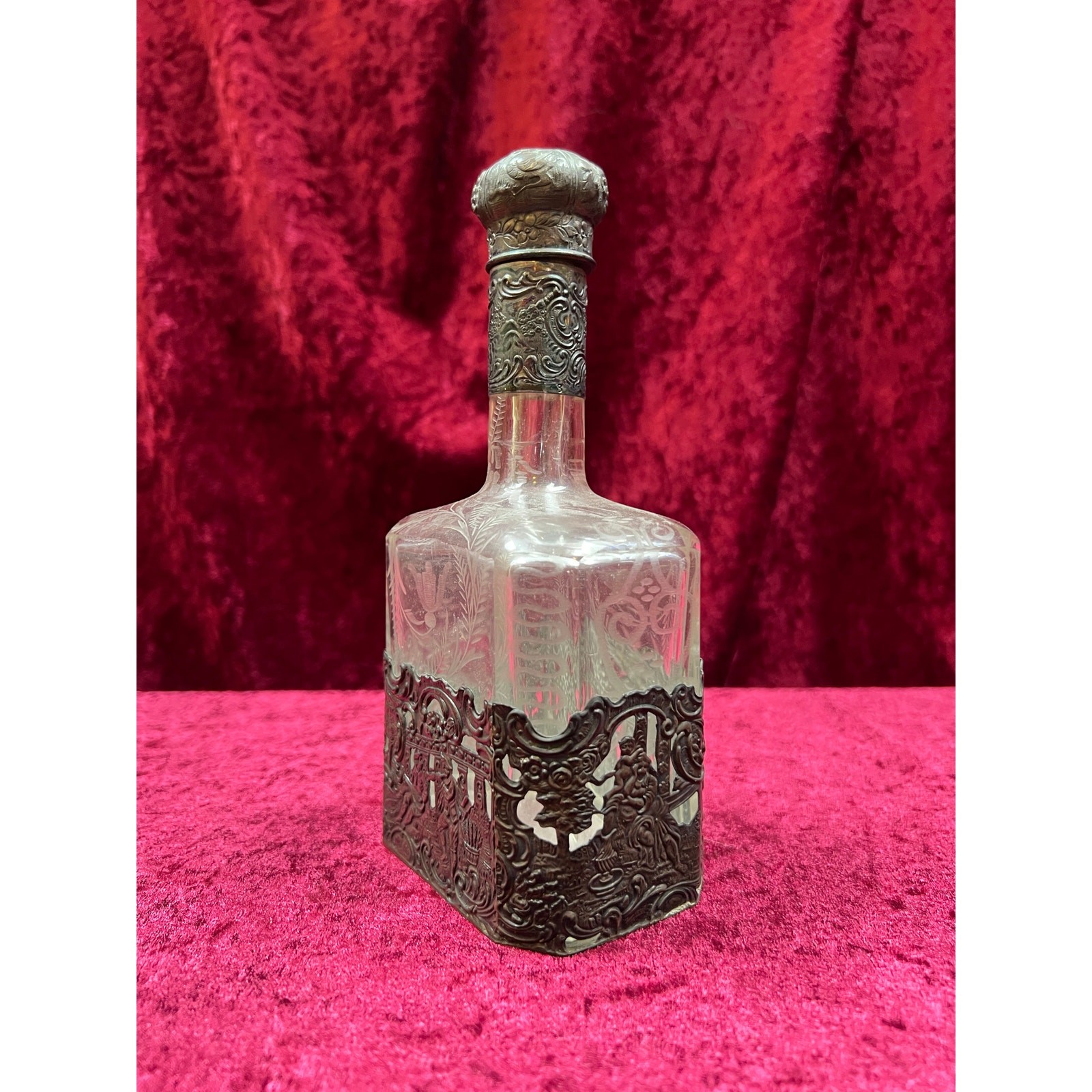 Antique Barware 18th Century Etched Glass Decanter Silver Repousse Germany