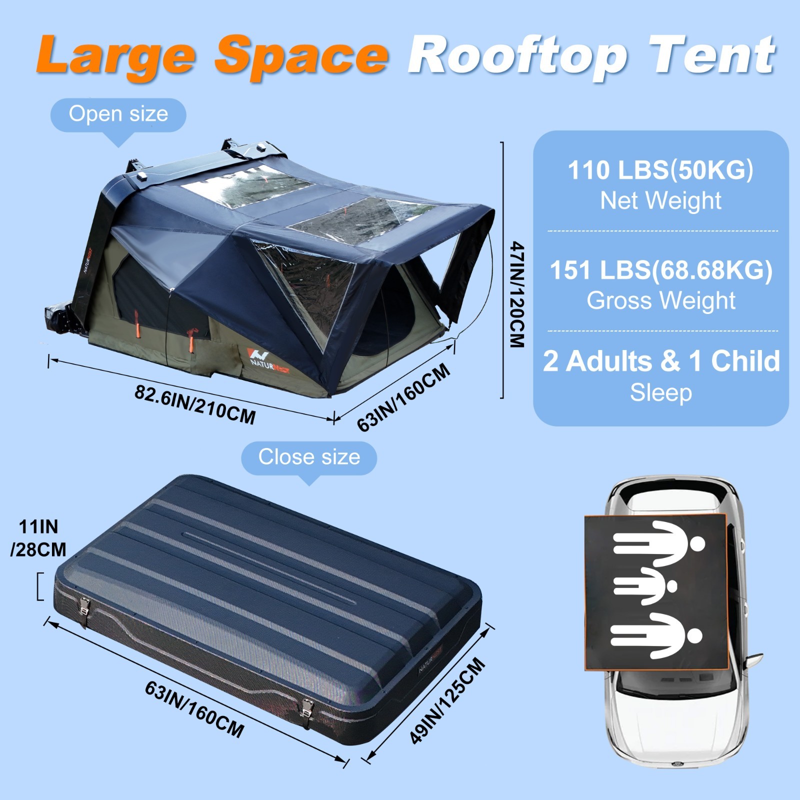 Naturnest Roof Top Tent Hardshell Pop-up Rooftop Tent Outdoor Camping Tent