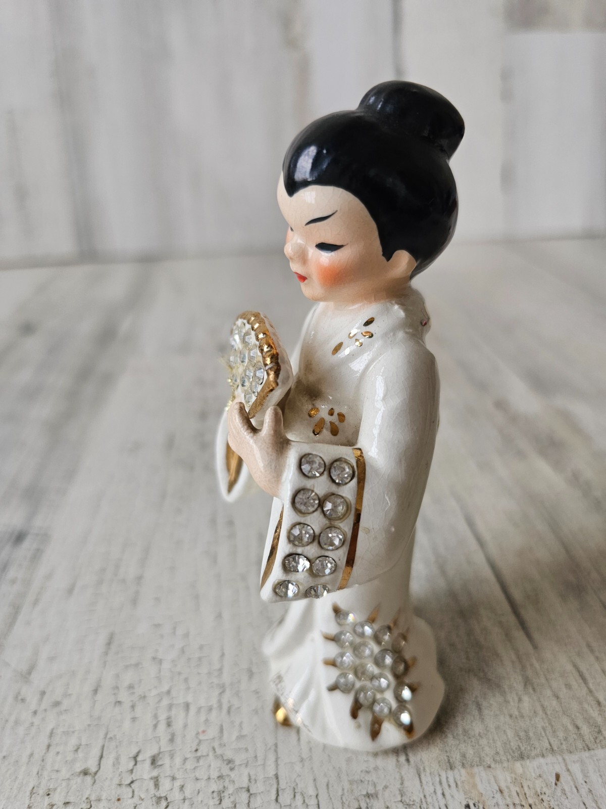 Lefton vintage geisha lady fan statue figurine rhinestone Japanese