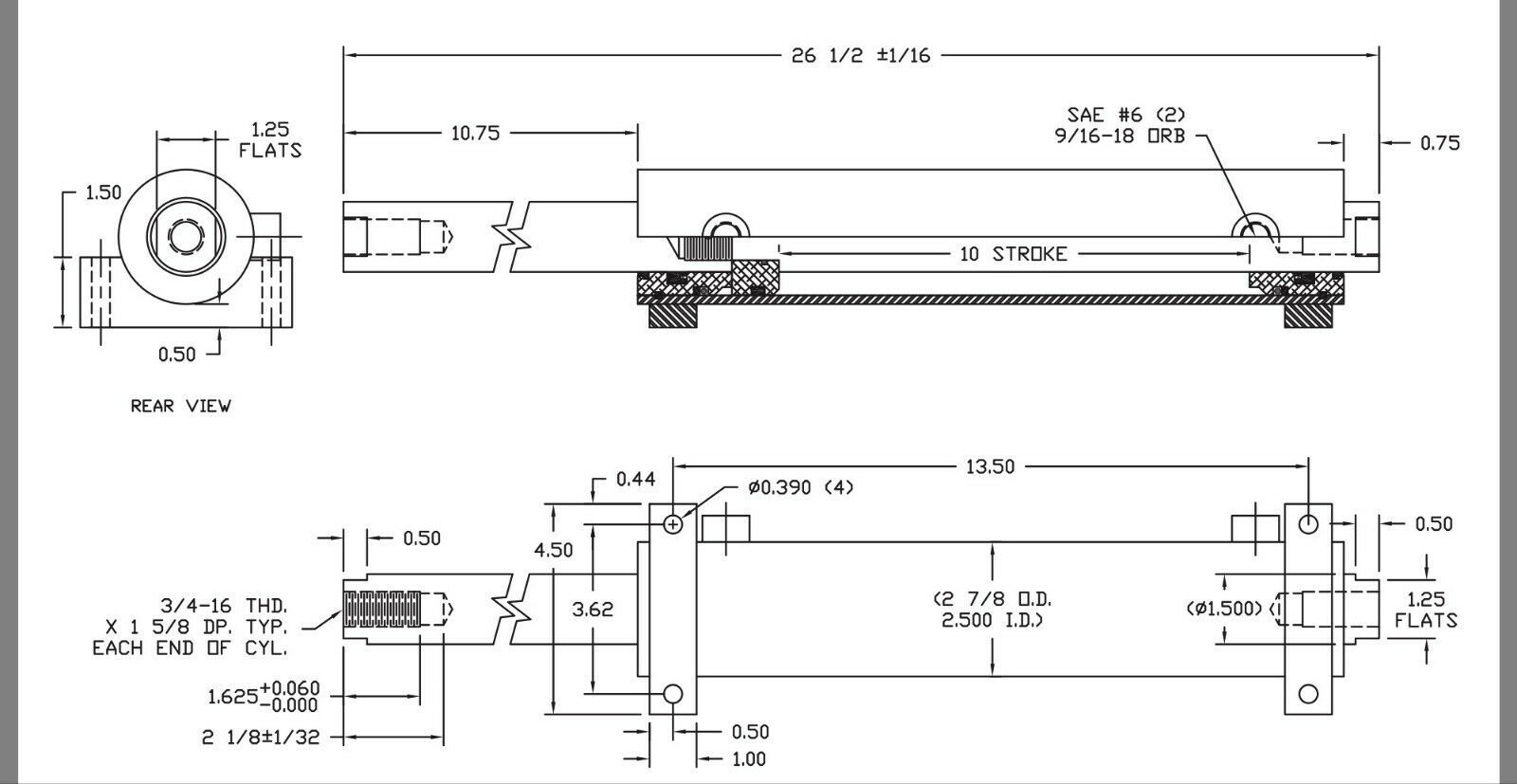 Dual ended hydraulic ram 2.5" X 1.5" X 8" cylinder orbital valve steering steer