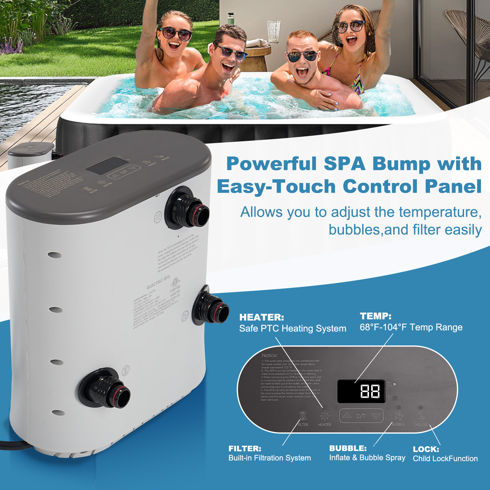 NAIZEA 240 Gallon Inflatable Hot Tub 6 Person Control Panel With 130 Bubble Jets