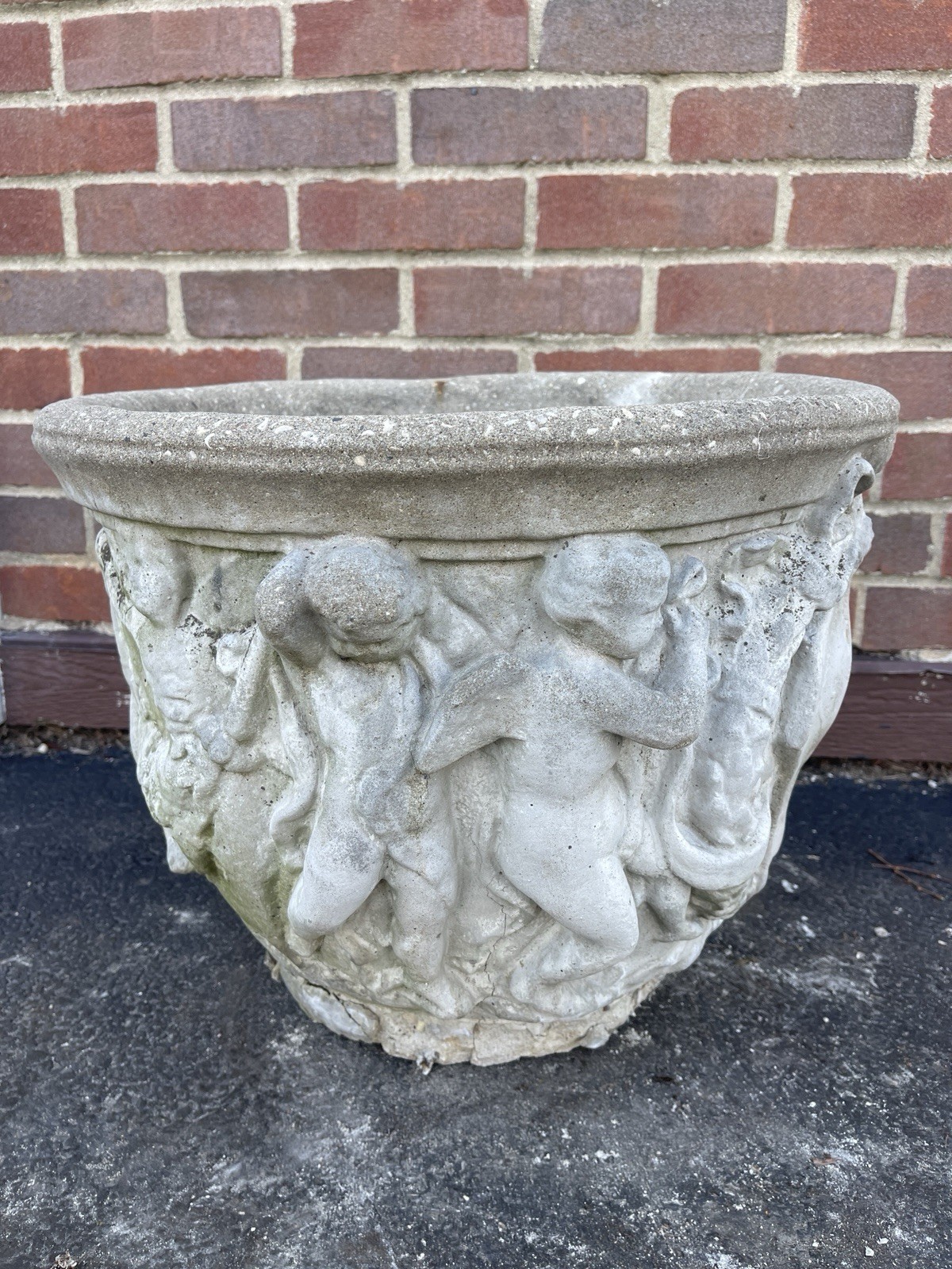 Antique Weathered Concrete Garden Urn Planter 18” Round  14” Tall Patina  Cherub