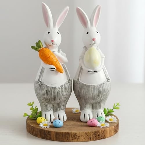 Resin Easter Bunny Decor, Adorable Mini Bunny Figurine with Carrot and Overalls