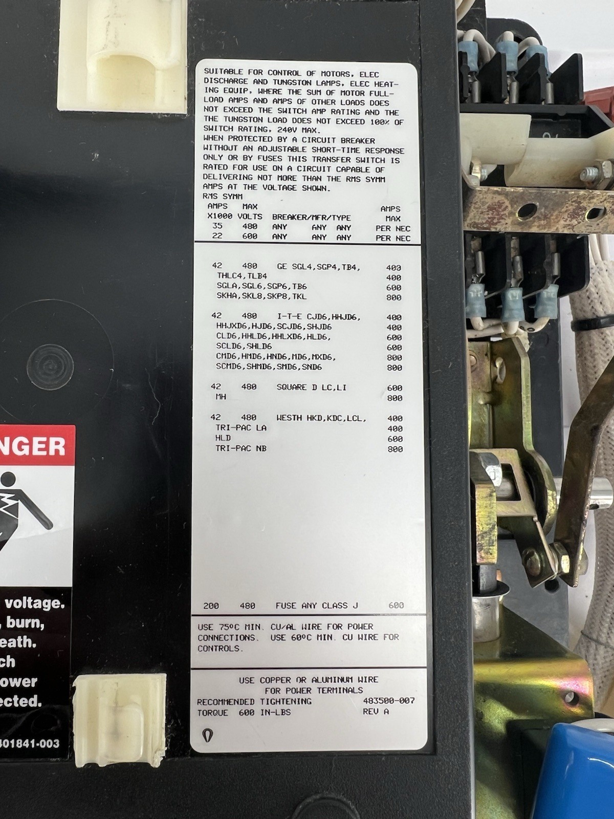 Asco 300 Series Automatic Transfer Switch, 3P, 22-35A, 3Ø, 480-600V, For Motors