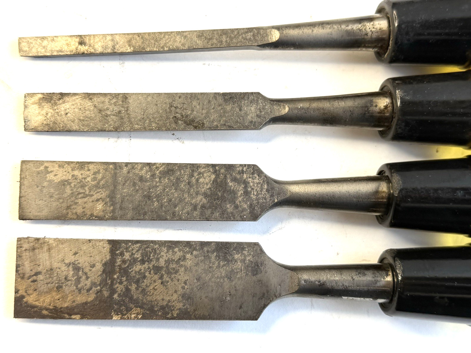4 Vintage Woodwrking Chisels Buck Bros 1”, 3/4”, 1/2”, 1/4” Made in USA