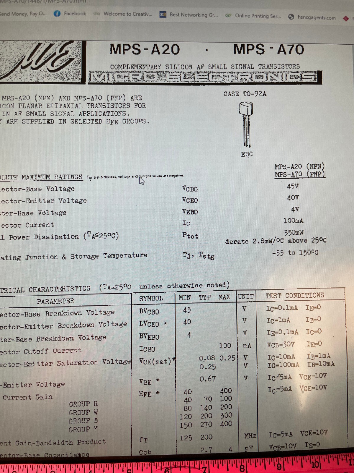 MPS A70 - PNP - COMPLEMENTARY SILICON AF SMALL SIGNAL TRANSISTORS.