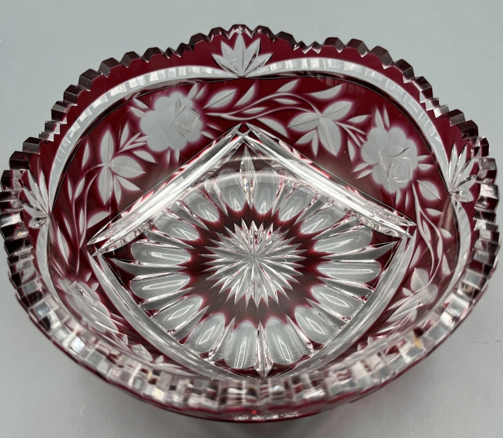 Vintage Ruby Red Cut to Clear Crystal Bowl Sawtooth Rim Etched Roses Starburst