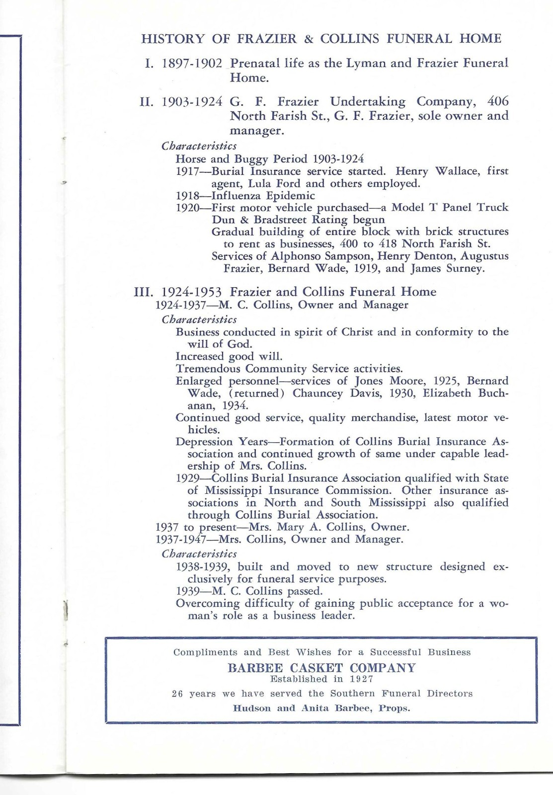 1953 Jackson Mississippi~African American Funeral Home Program~Frazier & Collins