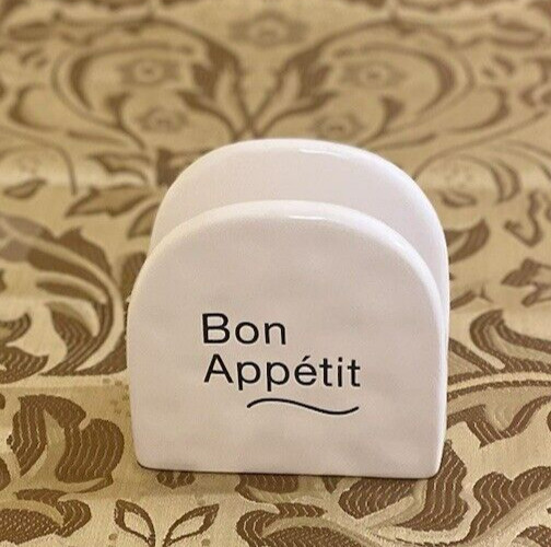Napkin Holder Ceramic Tabletop White Black Text "Bon Appetit"