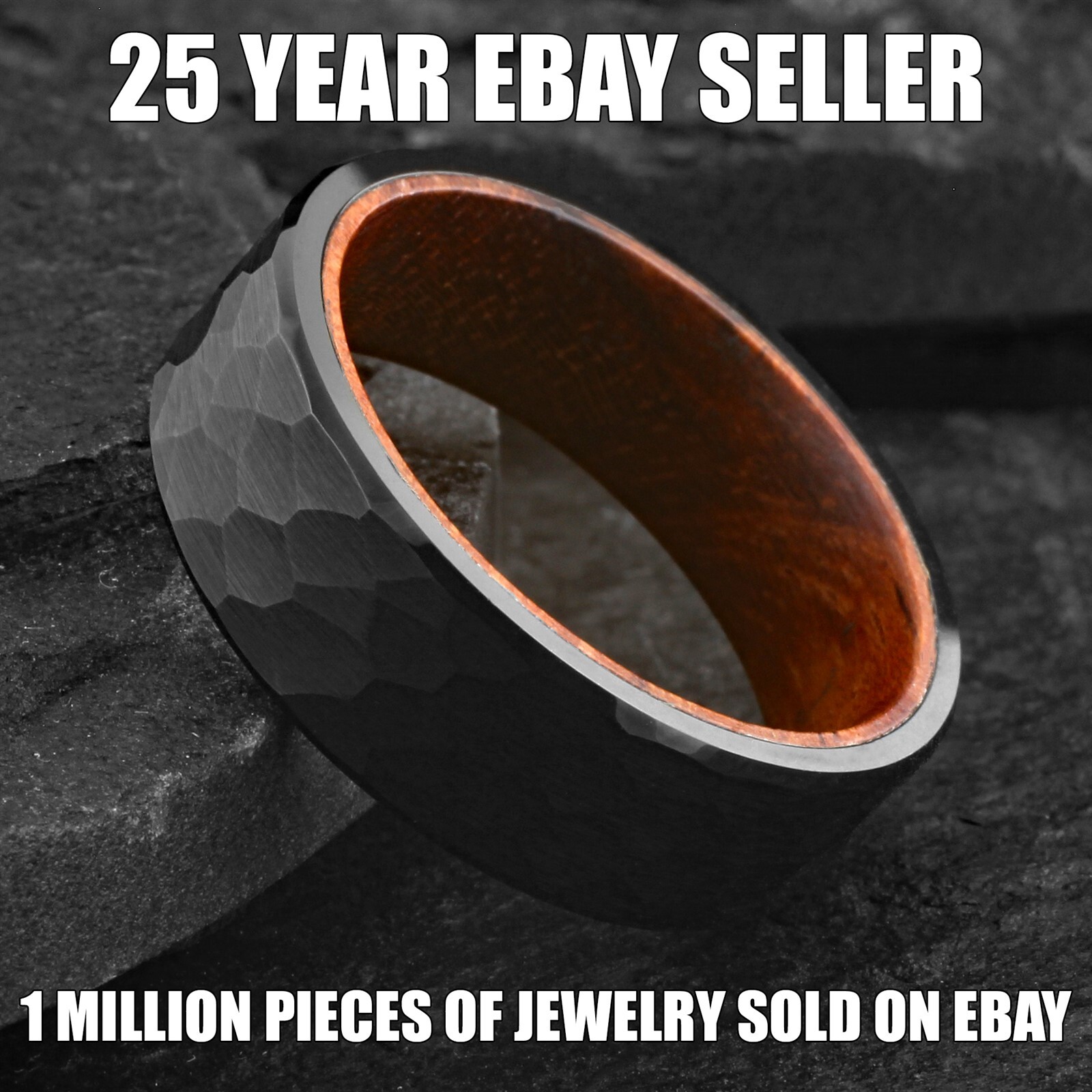 Black Brushed Hammered Tungsten Carbide Ring w/ Rosewood Inside Wedding Band