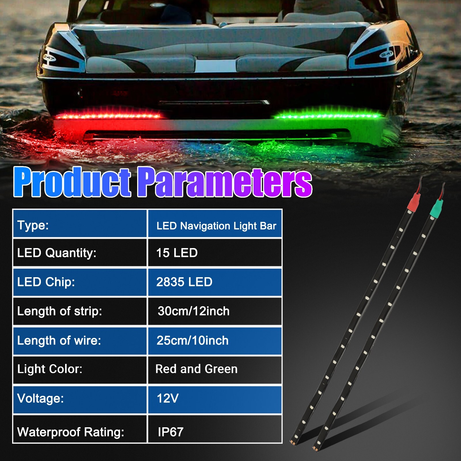 12V Red Green Submersible Navigation Light Waterproof Marine Boat Bow LED Strips