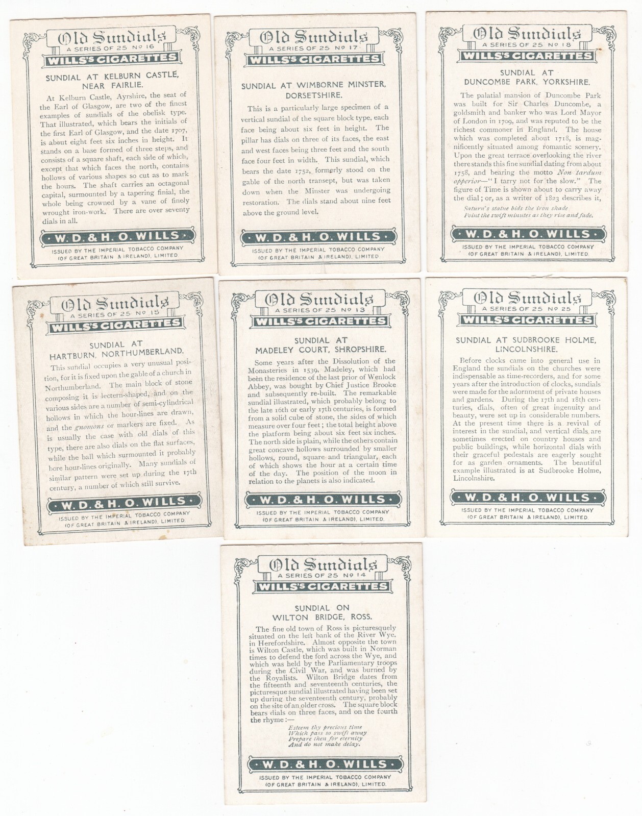 Complete Set of 25 Vintage SUNDIALS Cards from 1928