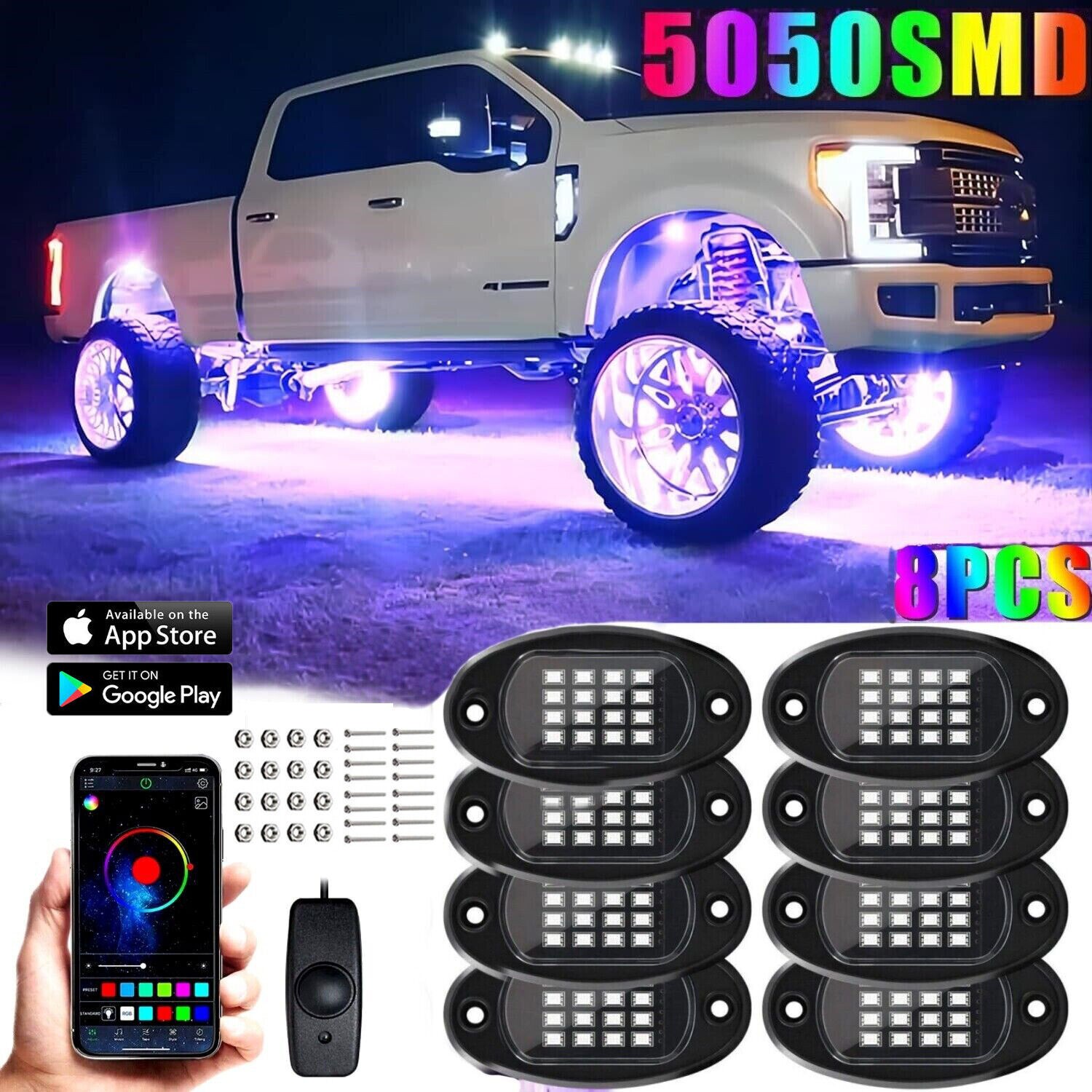 8Pods RGB LED Rock Lights Offroad Music Wireless Bluetooth Underglow Neon Lights