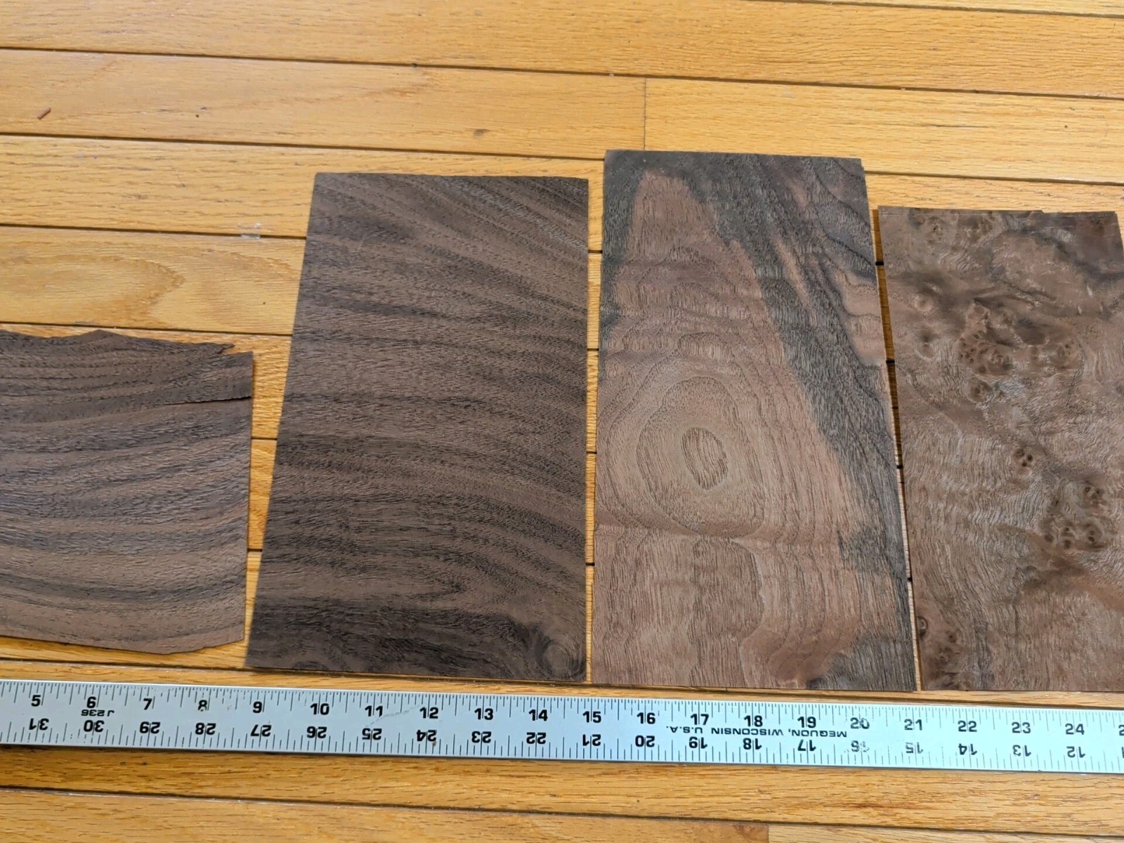 Walnut veneer 6" & 5" wide x 10" each and 1/42" 5 pieces wood raw