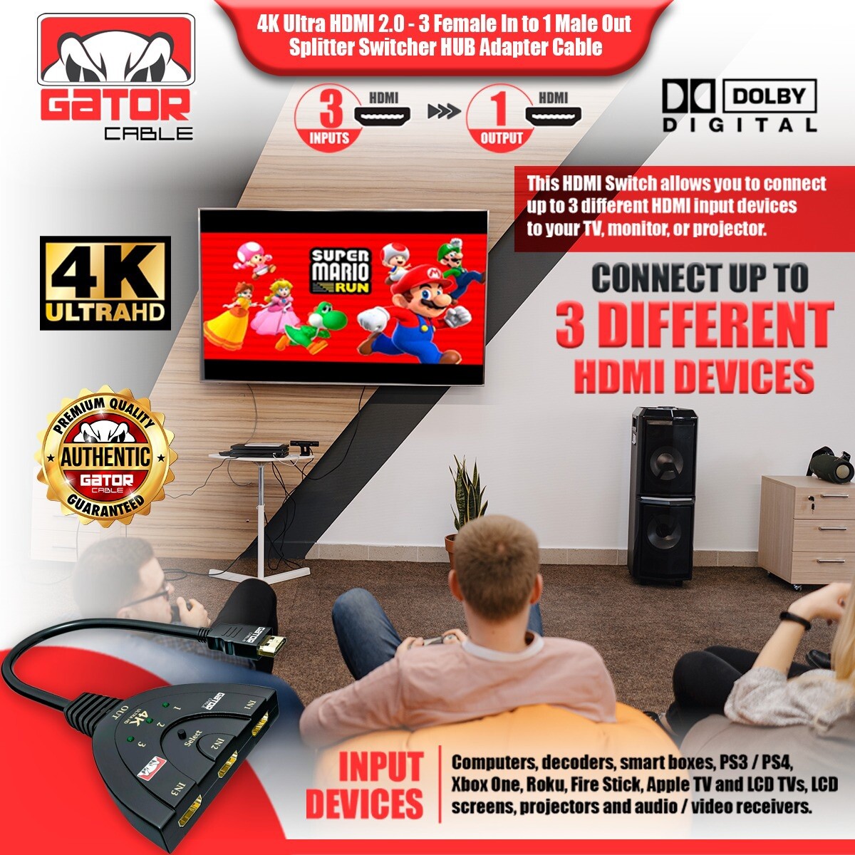 4K HDMI 2.0 Cable Auto Switch Switcher Splitter Adapter 3 In to 1 Out Devices