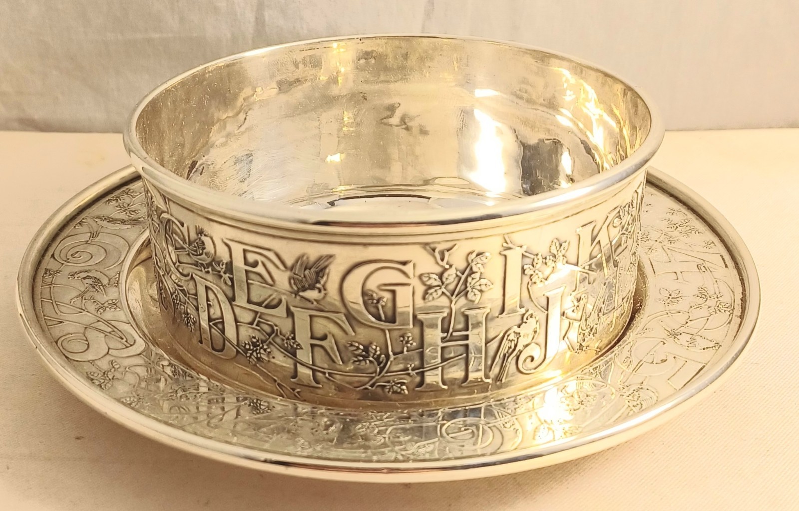 Vintage Kerr Sterling Alphabet w/ Birds & Flowers 2 piece Baby Bowl & Plate