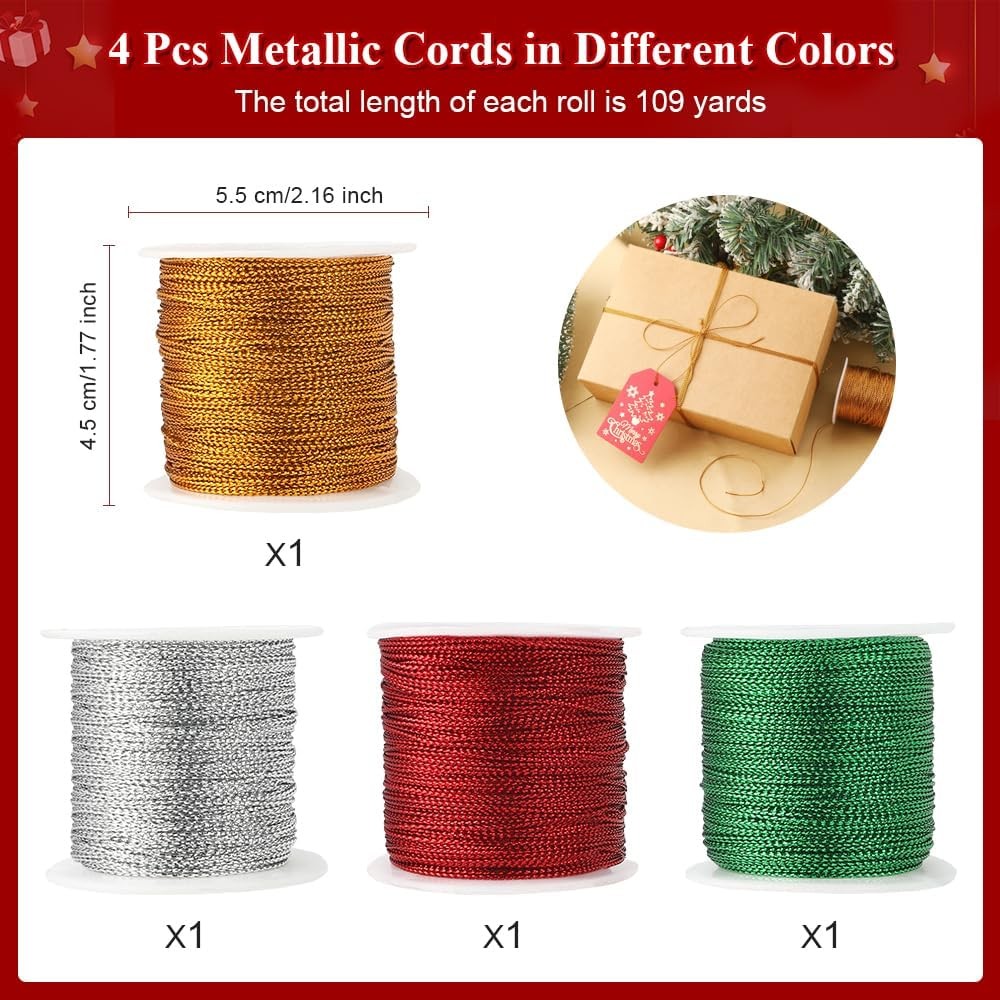 Metallic Cord 436 Yard 4 Pcs, Gold+Silver+Red+Green, Gold+silver+red+green