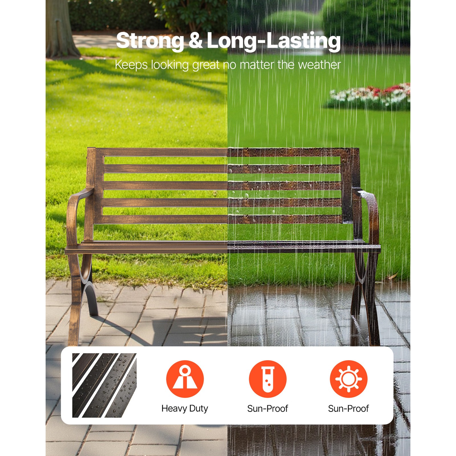 Outdoor Bench Patio Bench 50 inch Metal Frame Slatted Backrest for Porch