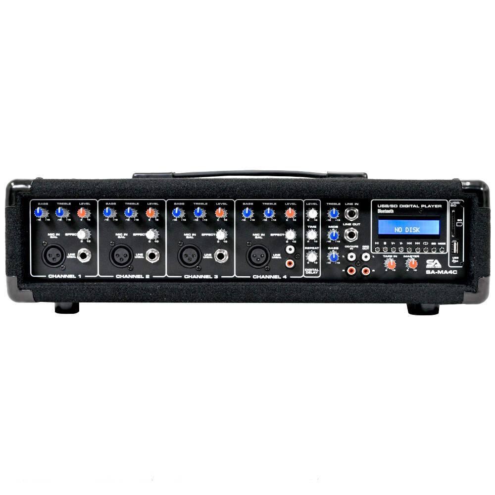 4 Channel 200 Watt Powered PA Head Mixer with Bluetooth Remote and Effects FX