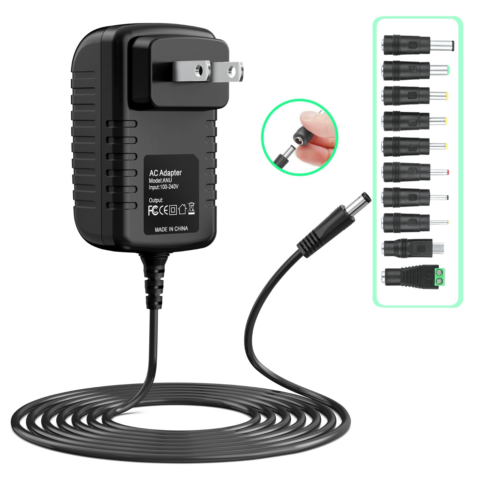 AC Adapter 12V 2A Power Supply Charger 24W with 10 DC Plug Tips (DC12V-2A)