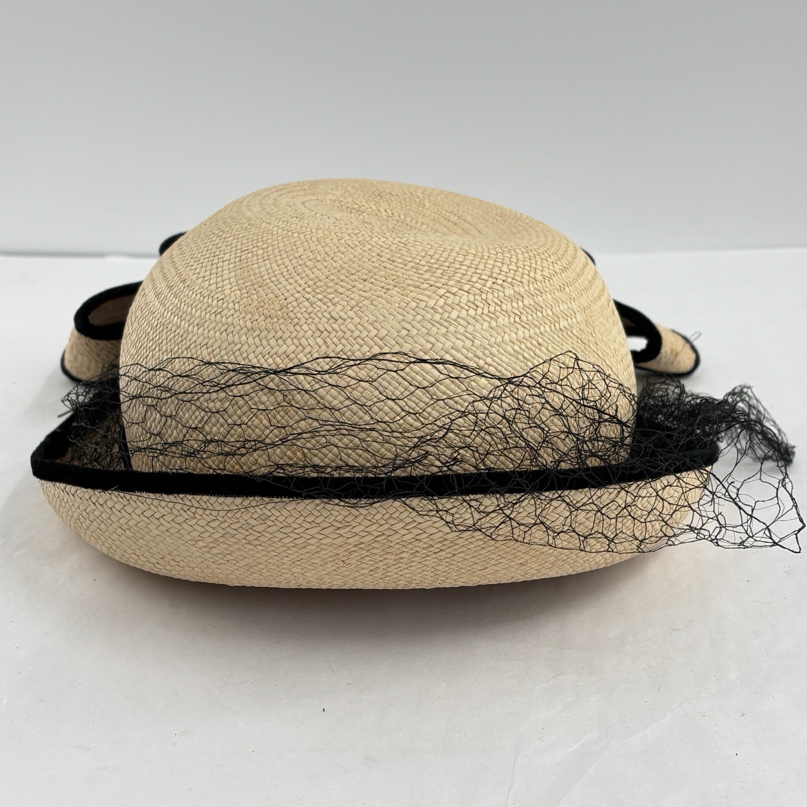 Vtg 60s Genuine Panama Straw Tilt Hat Black Velvet Trim Veil