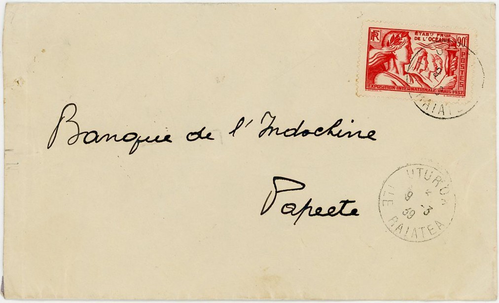 FRENCH POLYNESIA 1939 COVER UTUROA INTER ISLAND 90c SOLO FRANK SLOGAN SEE TAHITI