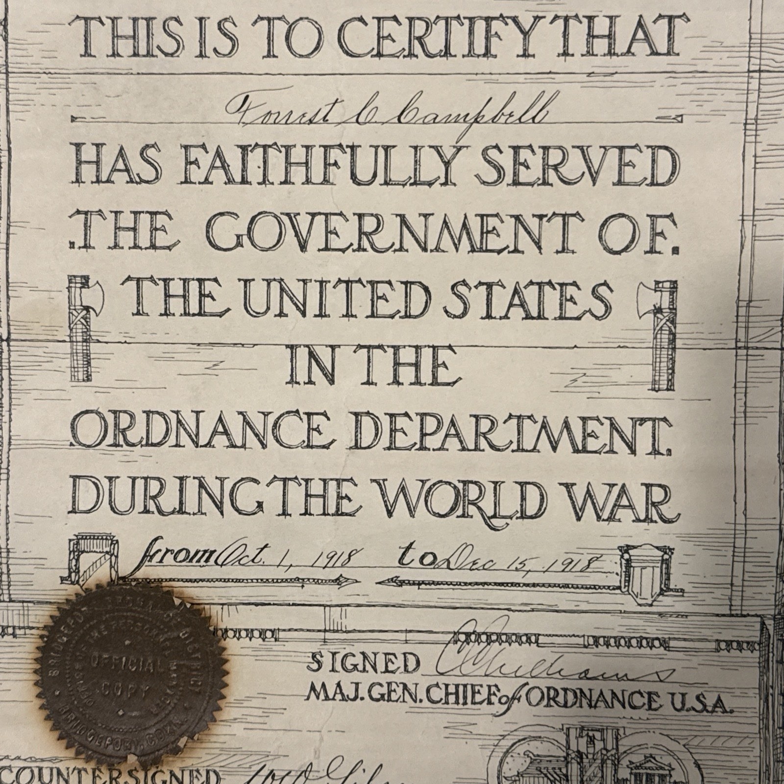 WWI US War Department Certificate of Service Forrest Campbell Chief of Ordnance