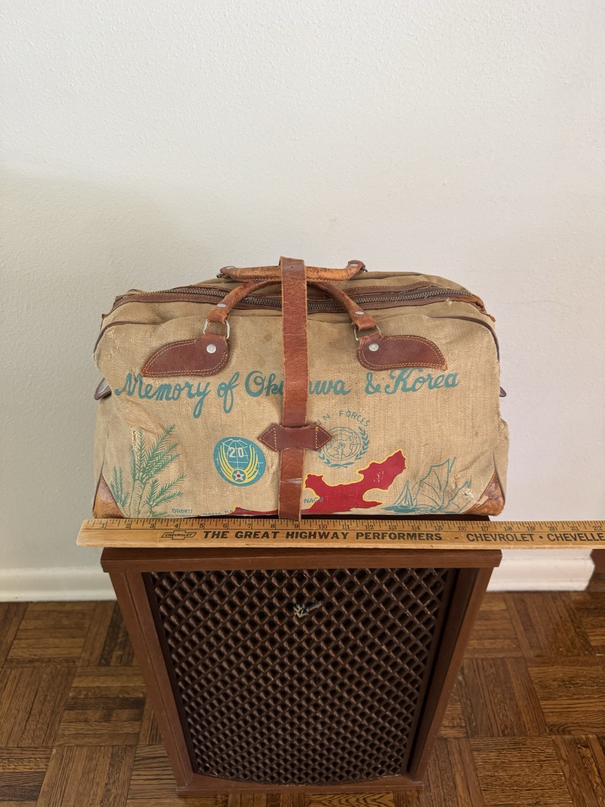 1950s Vtg Korean War Hand Painted Okinawa & Korea UN Forces Souvenir Duffel Bag