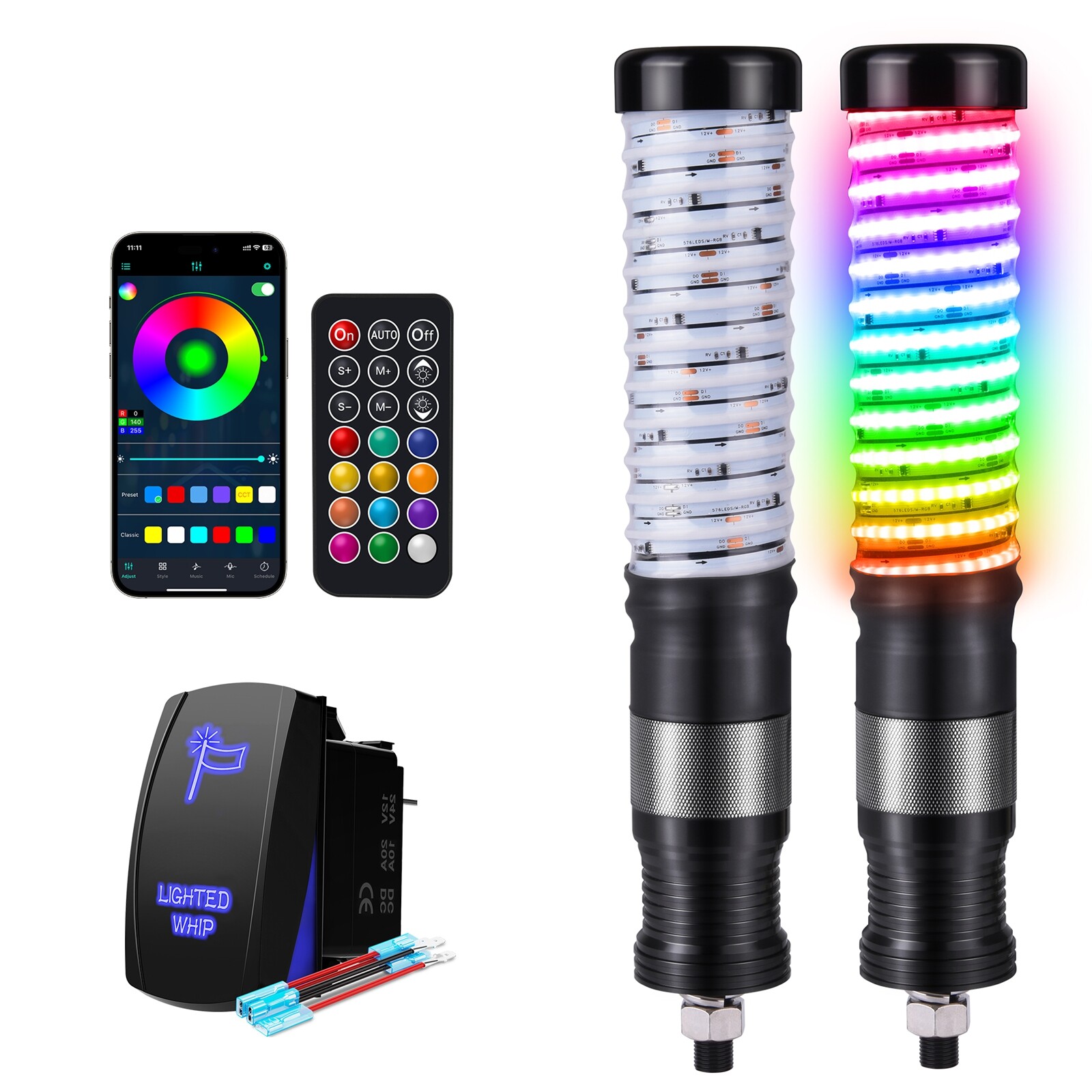 2pcs 1FT COB Fat Whip Light,RGB+IC Chasing Antenna Whips for ATV UTV SXS RZR