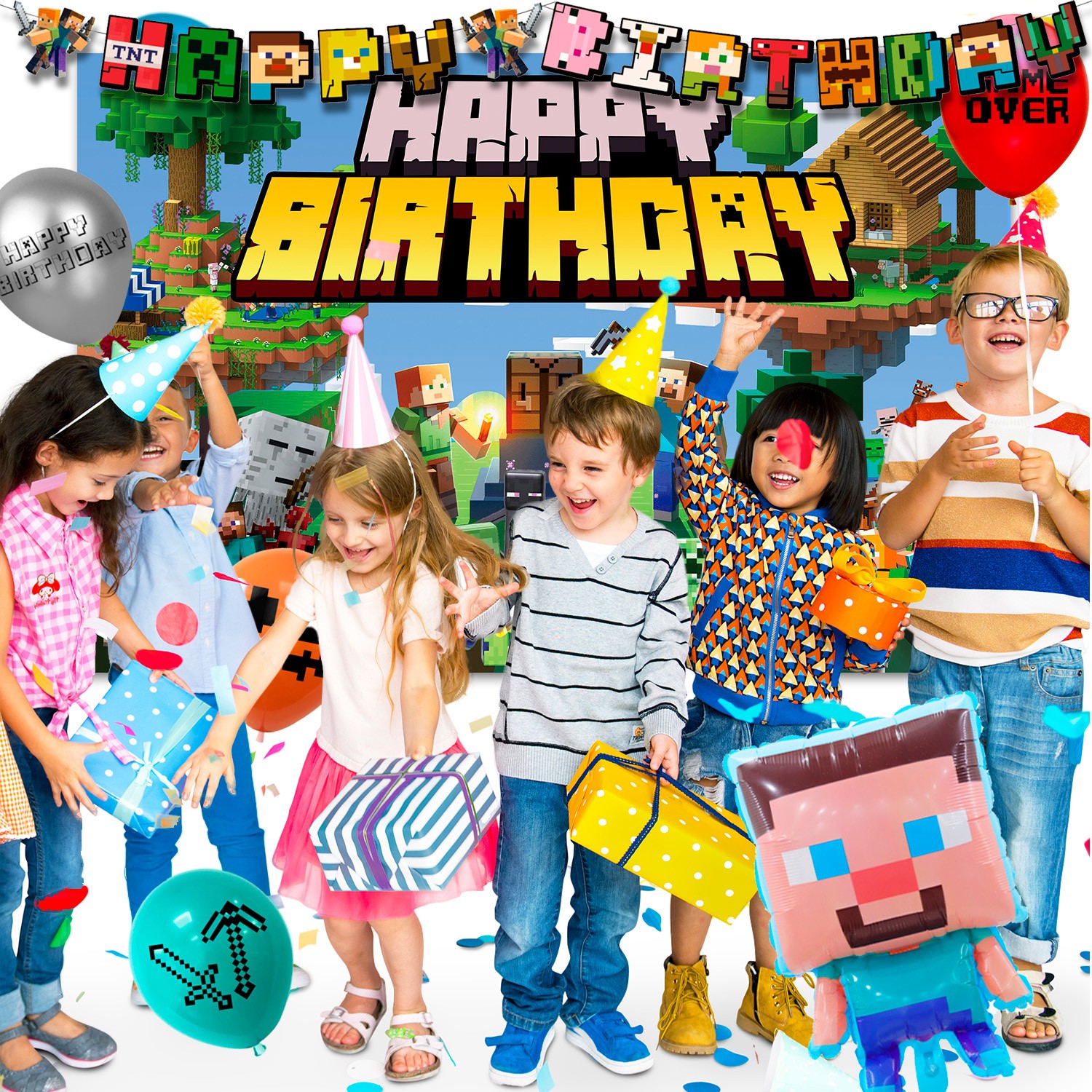 113 Minecraft Birthday Party Decorations Tableware Balloons Banner Plates Cups