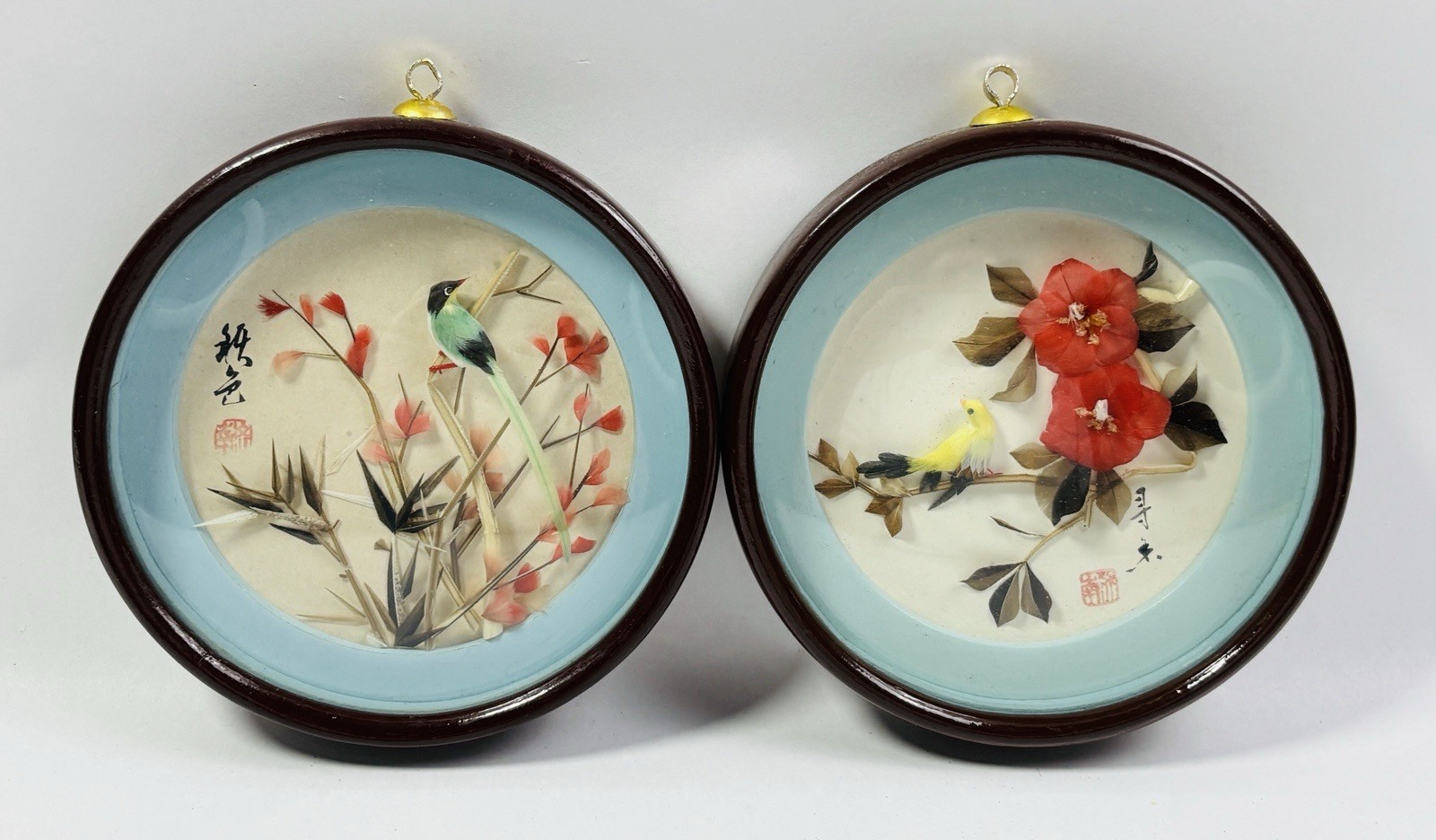 Lot of 2 Vintage Chinoiserie 3D Bird Feather Art Shadow Boxes