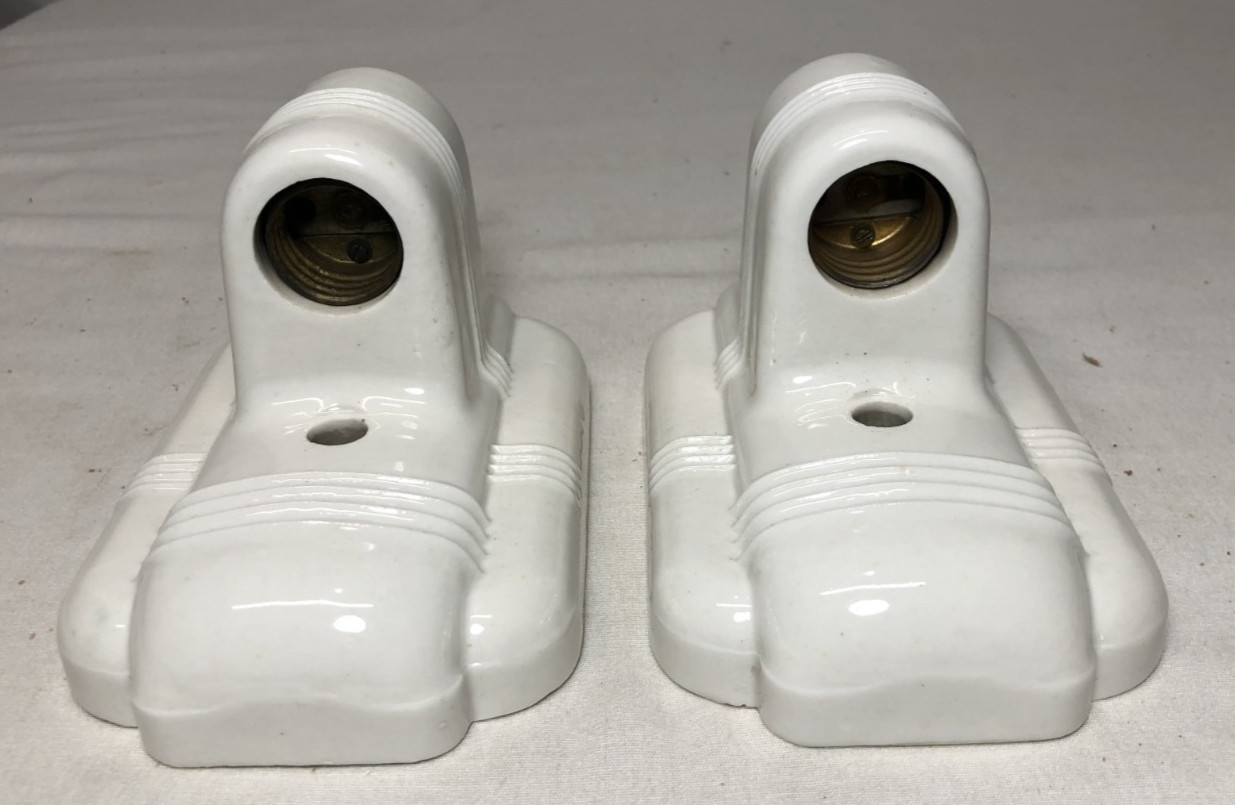 Vtg Porcelain Sconce Light Pair Bathroom Ceramic Wall Fixture Art Deco USA #L19