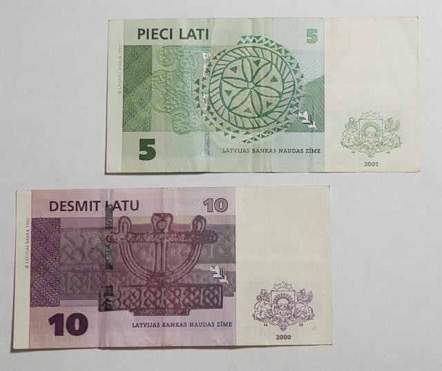 5 and 10 Lati 2000/2001 Latvia 2 Banknote Lot VF