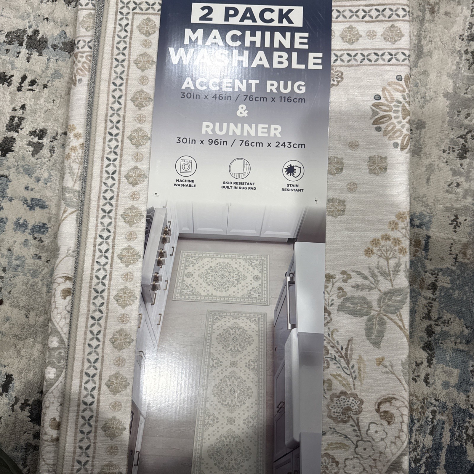 New Wyatt&Ash Washable 2-Pc Runner and Accent Rug Set 30”x46” And 30”x96” Zinn