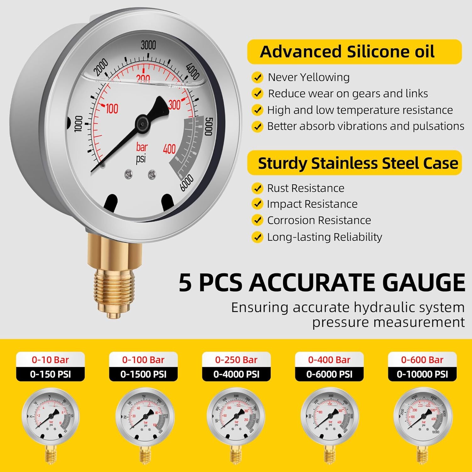 60Mpa Hydraulic Pressure Test Kit 5 Gauges 13 Couplings 14 Tee Connectors 5 Hose