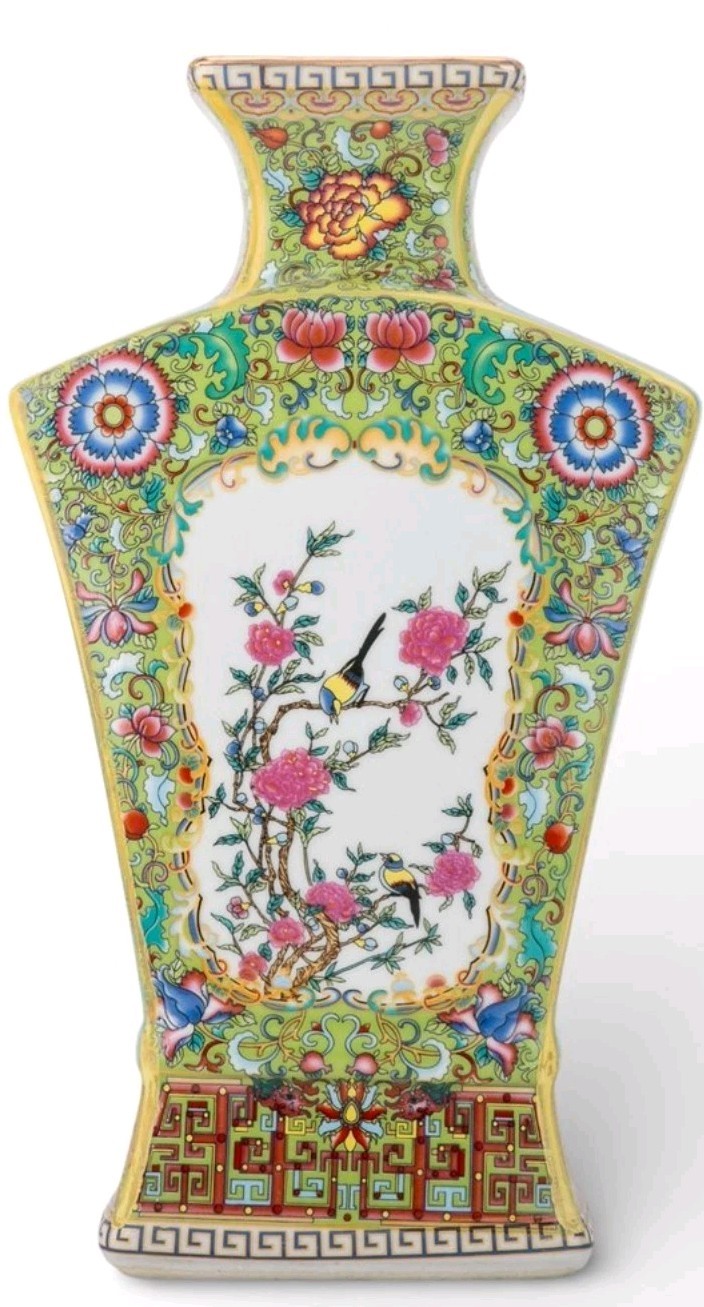 CHINESE GREEN FAN BIRDS FLORAL PORCELAIN PETITE VASE-10.25"H