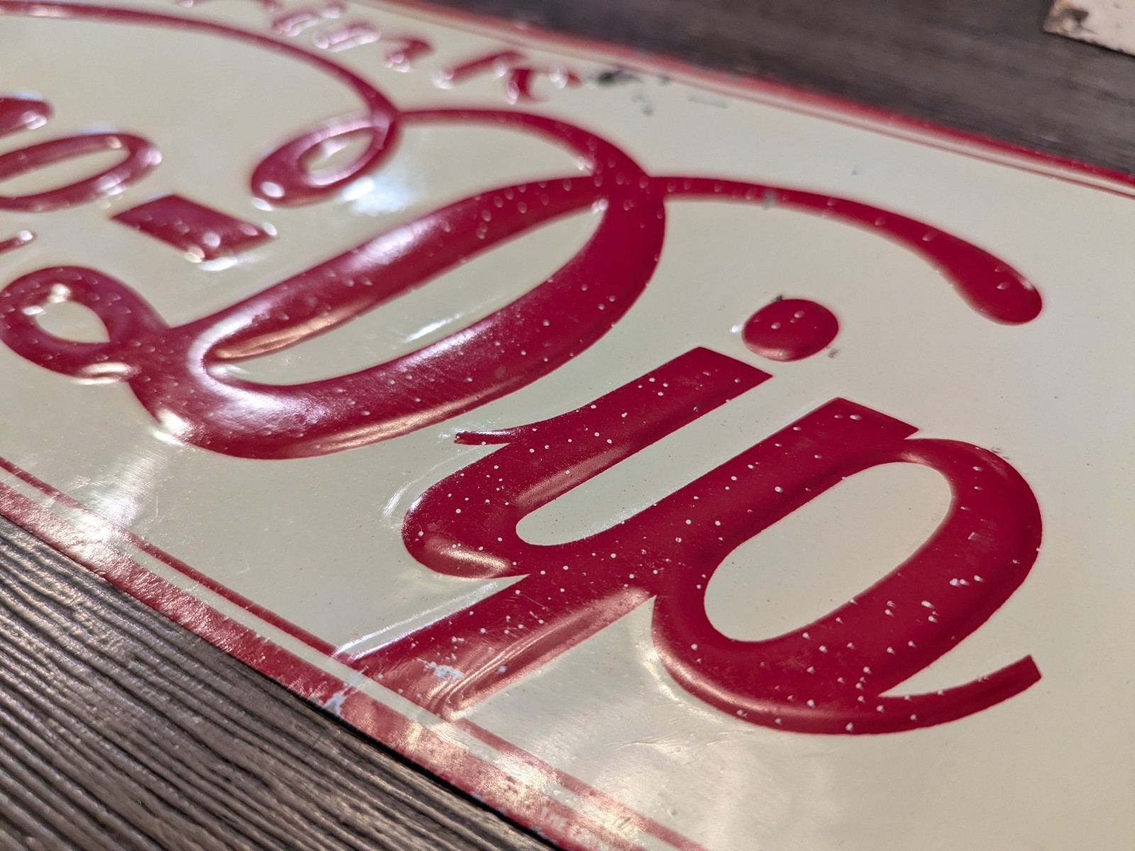 SUPER RARE WINE - DIP PROHIBITION ERA COLA TIN TACKER STRIP SIGN EMBOSSED CROWN