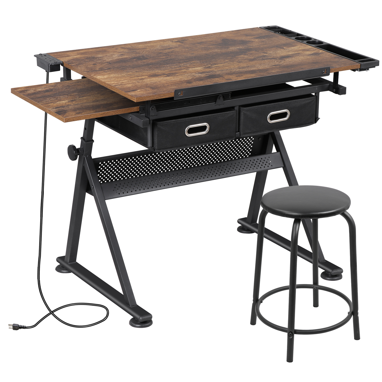 Drafting Drawing Table Adjustable Art Craft Desk with Power Outlet & Stool Retro