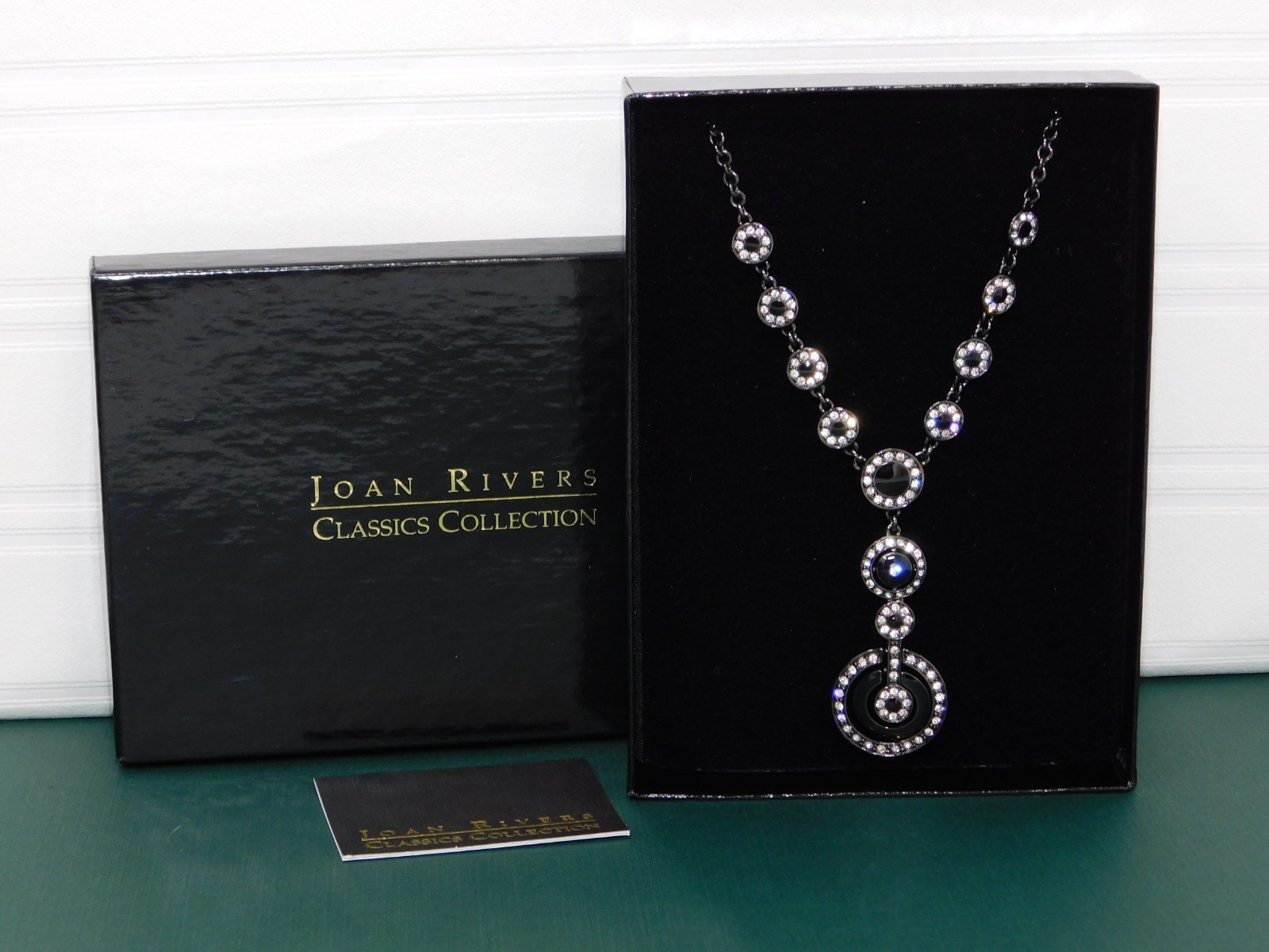 Vintage JOAN RIVERS Gunmetal & Clear Rhinestone Disc Y-Drop Necklace New in Box