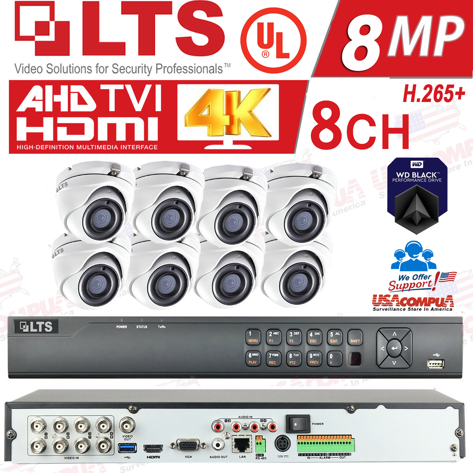 LTS 8ch Security Cameras System Kit 5MP H.265+ HD-TVI 4K/ HDD Included / IP67 UL