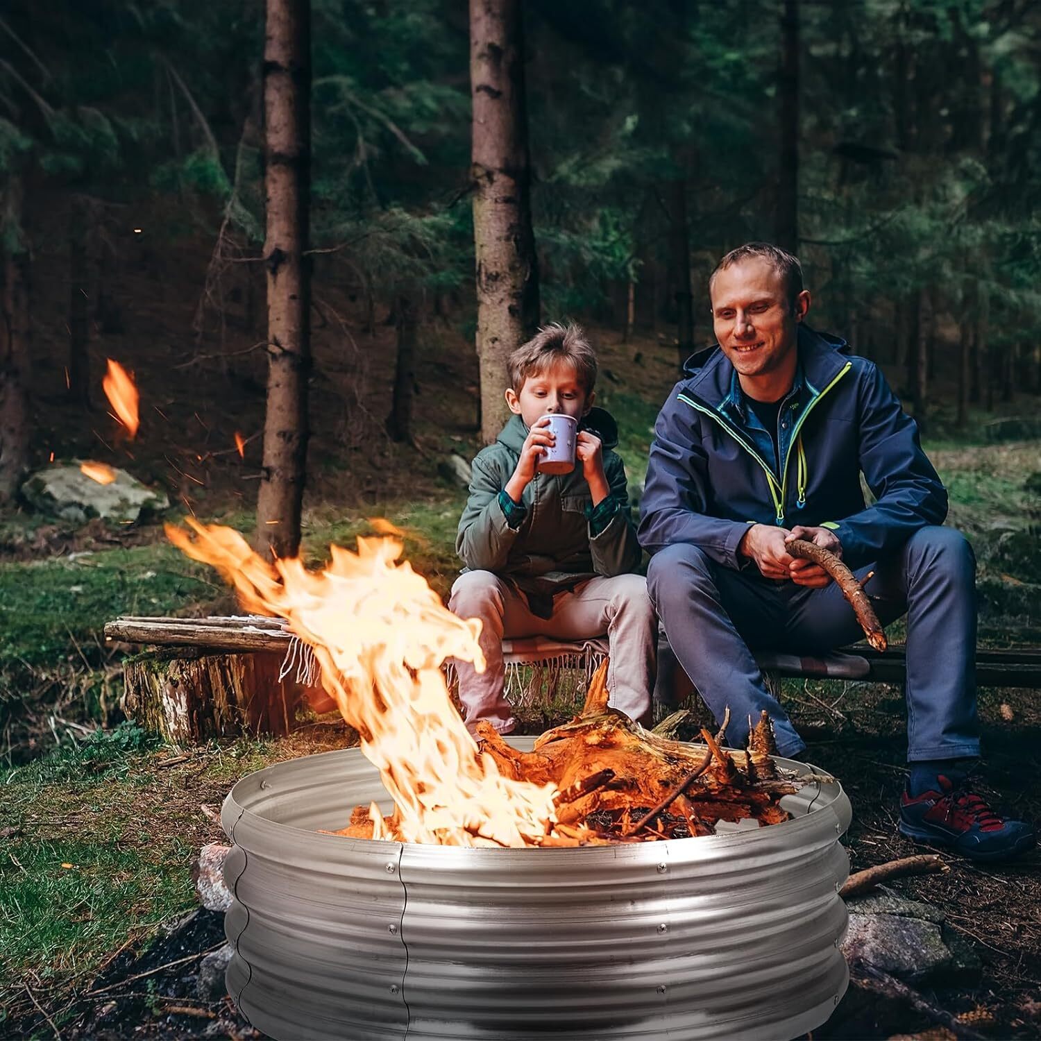36" Silver Round Galvanized Steel Fire Ring Pit for Backyard, Camping, Bonfire