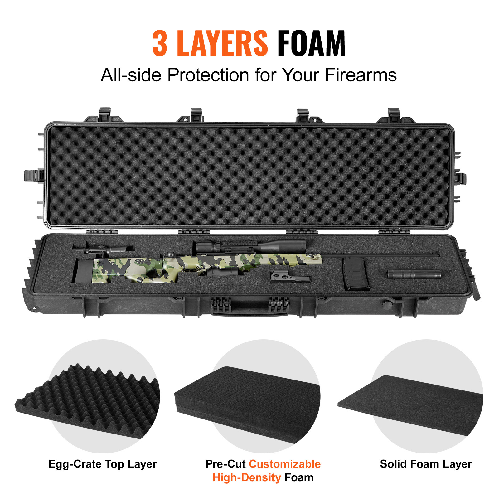 VEVOR Rifle Case Rifle Hard Case 50 inch with 3 Layers Fully-protective Foams