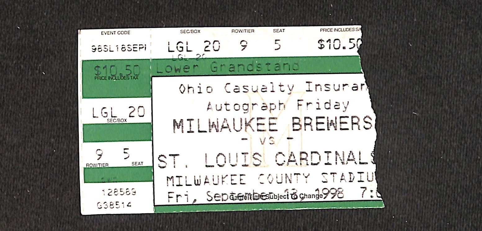 SEPTEMBER 18, 1998 ST. LOUIS CARDINALS @ MILWAUKEE BREWERS TICKET STUB, SEAT 5