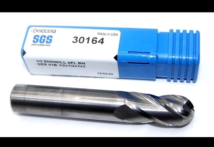 30164 Kyocera SGS 1/2" Carbide 4 Flute End Mill Ball .500" Diameter 1.00" Flute