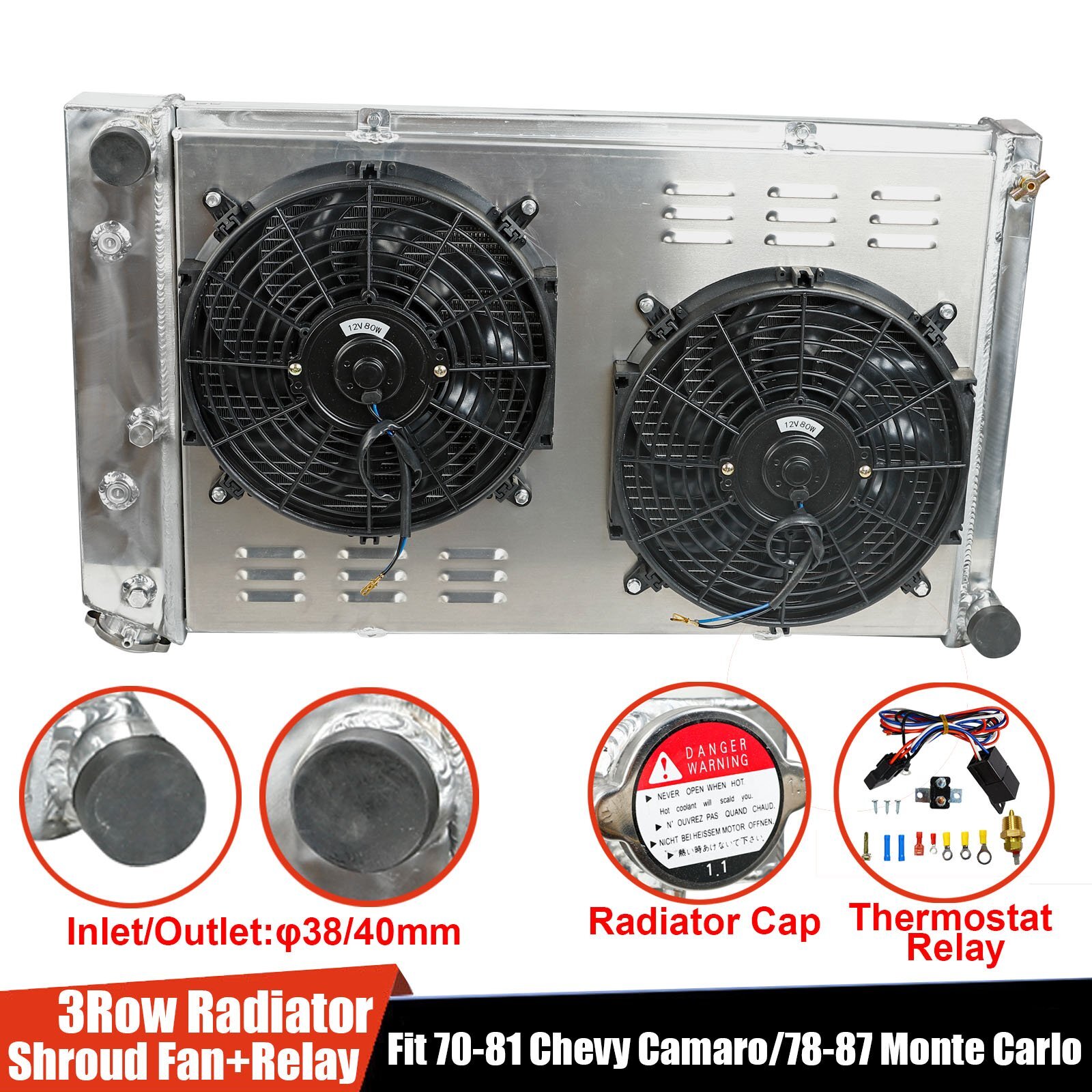 For Chevy 1970-1981 Camaro/1978-1987 Monte Carlo 3 Row Radiator+Shroud Fan+Relay