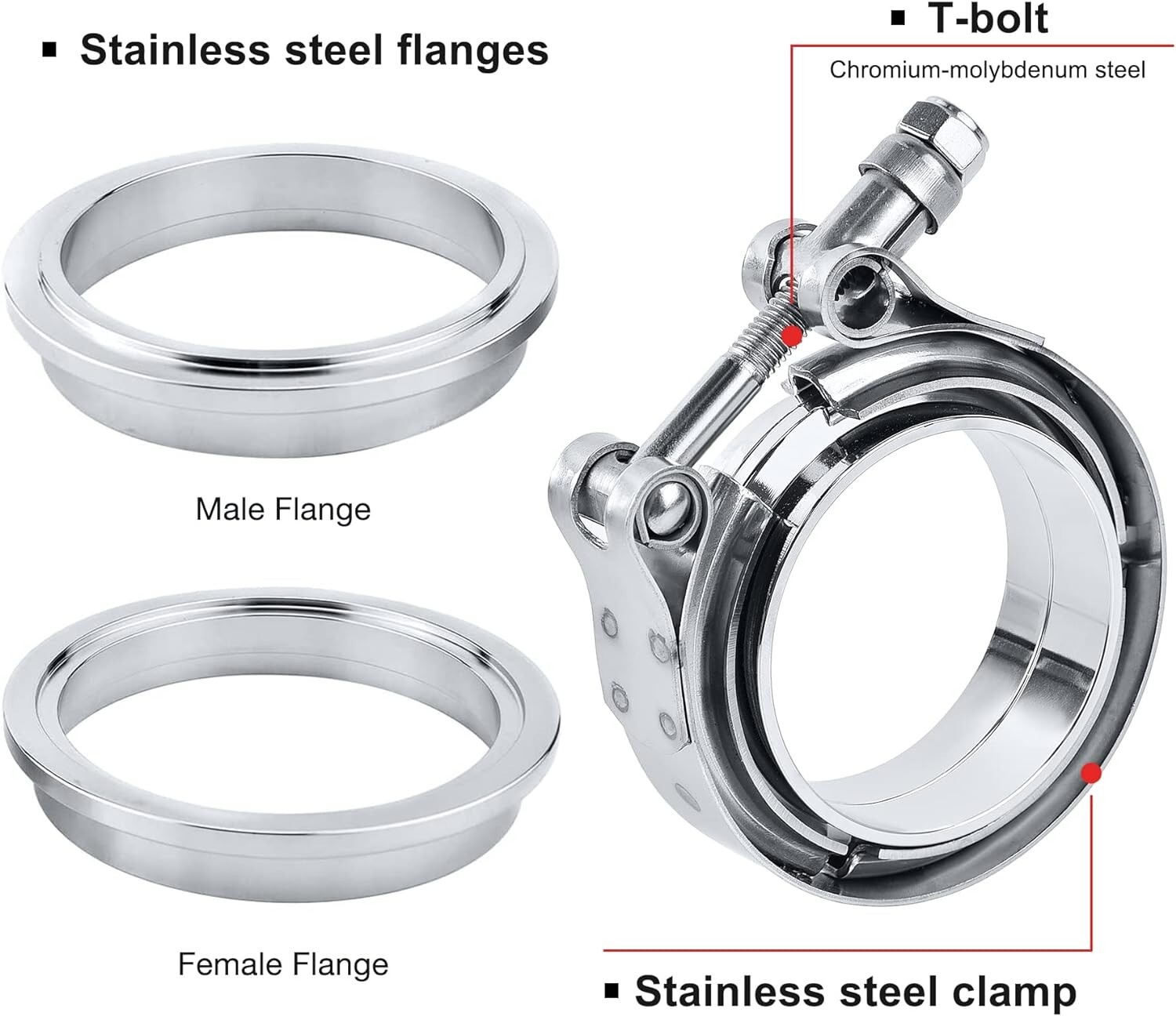 LokoCar 3 Inch V Band Clamp With Flange Male Female Stainless Steel Silver 4Pcs