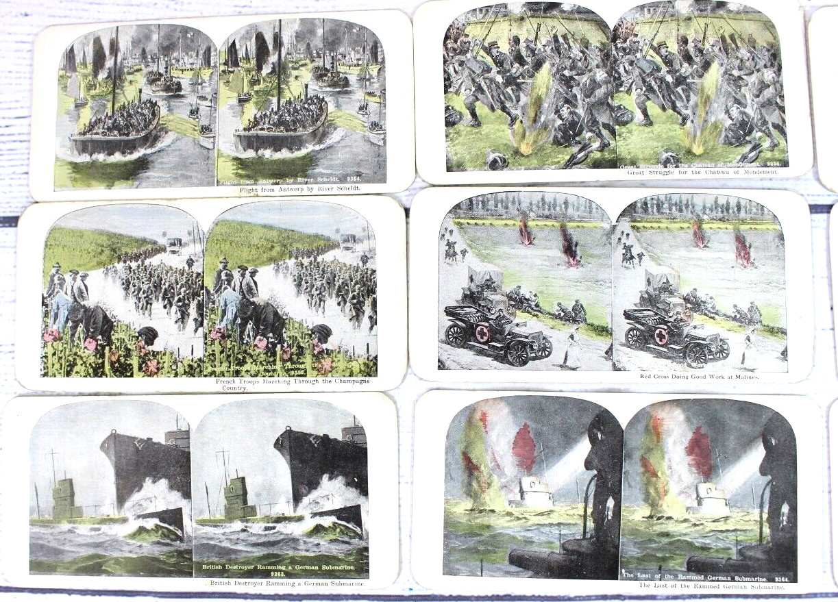 Lot of 27 WWI Stereoscopic 3D Cards Ships Cavalry Cannons Trenches War Scenes