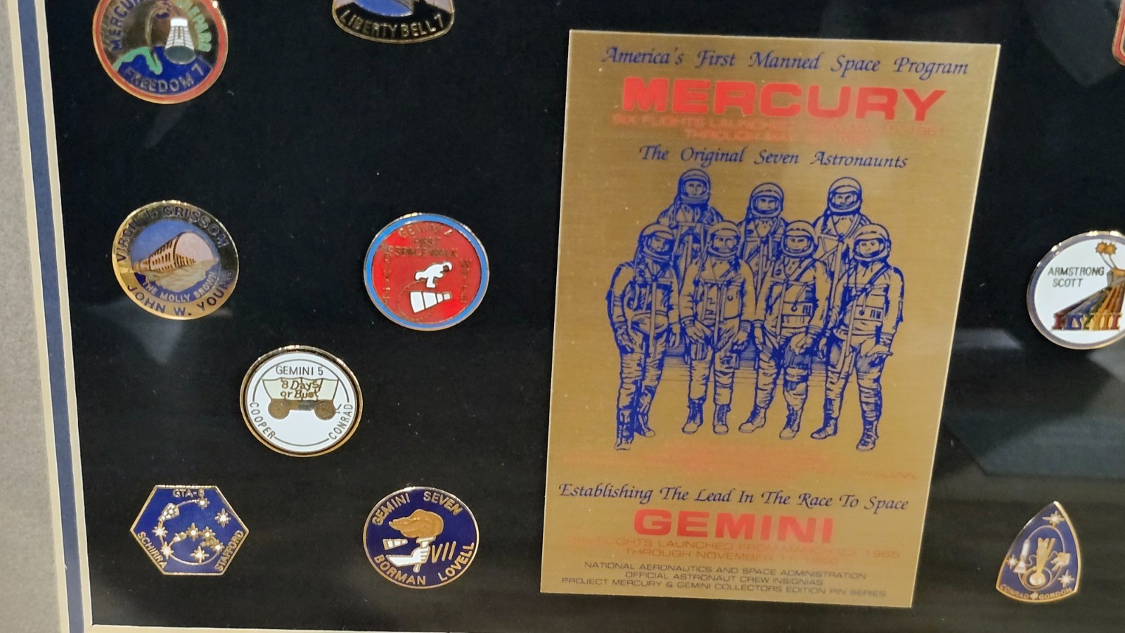 rare Wesco framed collection of NASA Mercury - Gemini insignia pins